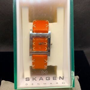 Skagen orange stitched band ladies watch